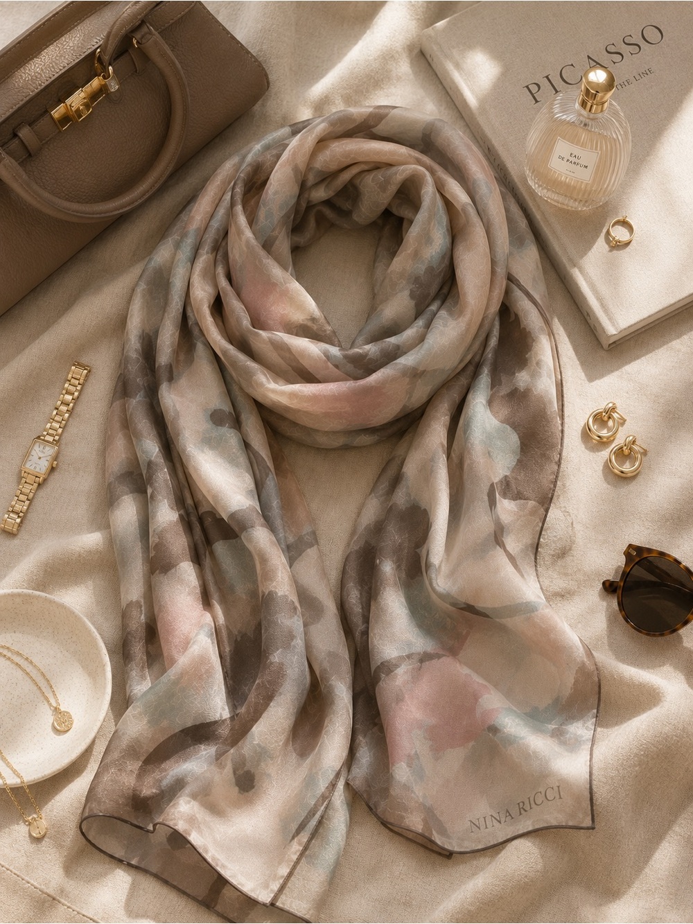 Nina Ricci Italy 100% Silk Abstract Floral Scarf Taupe Blush Blue 22x70